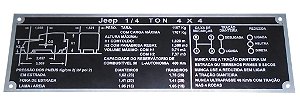 PLAQUETA DO PAINEL DAS INFORMAÇÕES TÉCNICAS JEEP CJ5 CIVIL 1/4 TONELADA 4X4