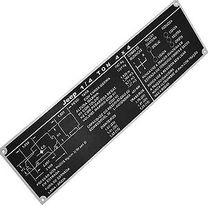 PLAQUETA DO PAINEL DAS INFORMAÇÕES TÉCNICAS JEEP CJ5 CIVIL 1/4 TONELADA 4X4
