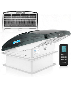Ventilador de teto de luxo para RV de 14 polegadas – 10 velocidades, controle remoto, termostato e sensor de chuva.
