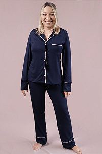 Pijama Polyanna Americano Botões Blusa Longa e Calça Azul Marinho