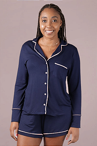 Pijama Lorena Americano Botões Blusa Longa e Short Azul Marinho