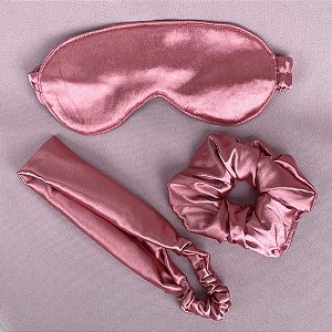 Kit Cetim Máscara de Dormir, Scrunchie e Faixa Rosê