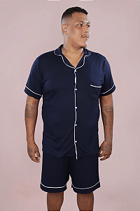Pijama Masculino Vicente Americano Botões Blusa Curta e Short Azul Marinho