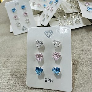 Trio Brincos Corações com Zircônias 3 cores Prata 925 - 4mm - BPR182