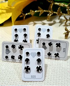 Kit Trio c/ 05 Cartelas  Pedras Preta Prata 925 - 3mm - 4mm - 5mm