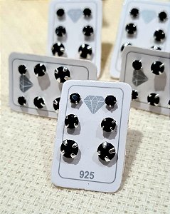 Trio Brincos com Pedras Preta Prata 925 - 3mm - 4mm - 5mm - BPR211