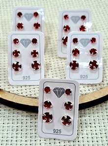 Kit Trio 05 Cartelas de Brincos c/ Pedras Vermelha Prata 925 - 3mm - 4mm - 5mm