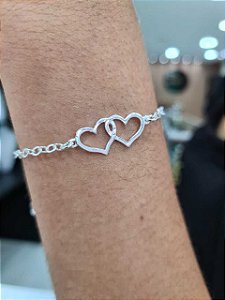 Pulseira Feminina 2 Corações Prata 925 - 18cm - PPR105