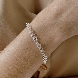 Pulseira com Corações Prata 925 - 18cm - PPR108