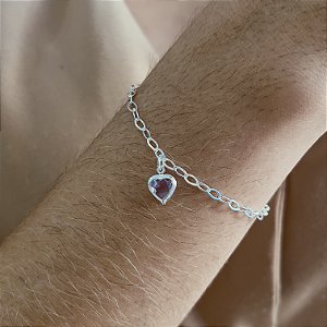 Pulseira Coração Pedra Lilás Prata 925 - 18cm - PPR125