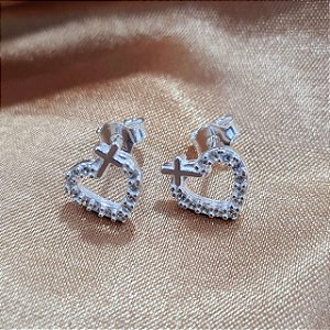 Brincos Prata 925 Coração/Cruz Cravejados com Zircônias - 7mm - BPR343
