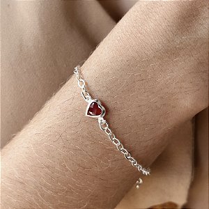Pulseira com Coração Pedra Vermelho Prata 925 - 18cm - PPR189