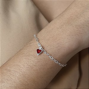 Pulseira com Coração Vermelho Prata 925 - 18cm - PPR214