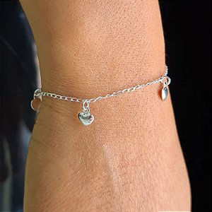 Pulseira Infantil com Corações Liso Prata 925 - 14cm - PPR218