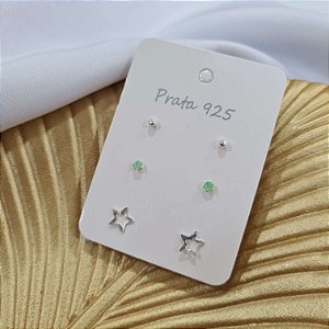 Trio de Brincos com Estrelinha Bolinha Pedrinha Prata 925 - BPR411