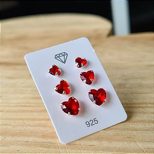 Trio de Brincos Coração Vermelho Prata 925 - 4/5/6mm - BPR437