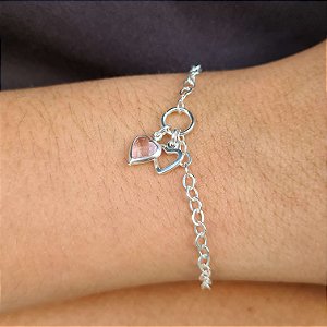 Pulseira com Pingente Coração Rosa Prata 925 - PPR252