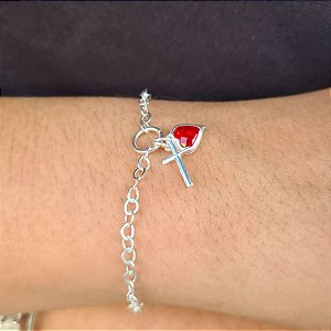 Pulseira com Pingente Coração Crucifixo Prata 925 - 18cm - PPR253
