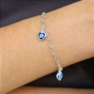 Pulseira com Corações Olho Grego Prata 925 - PPR254