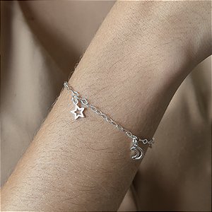 Pulseira com Pingentes Lua e Estrelas Prata 925 - 18cm - PPR270