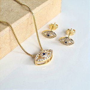 Conjunto Olho Grego Cravejado Semijoia 18k - 45cm - MCJ40