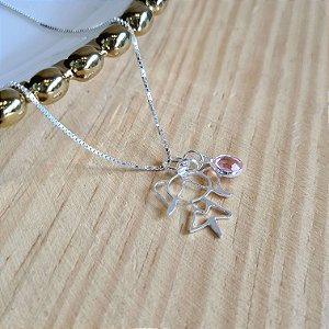 Gargantilha com Pingente Menina Pedra Rosa Prata 925 - CPR447