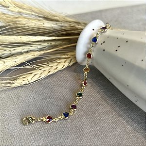 Pulseira Infantil com Corações Coloridos Semijoias 18k - 10cm+5cm extensor