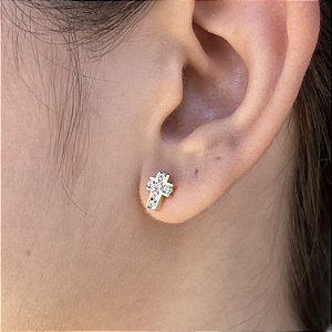 Brincos crucifixo com Pedras Semijoias 18k 8mm - MB704