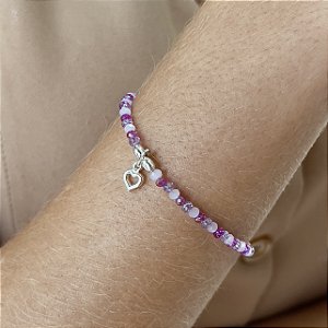 Pulseira com Cristais Rosa Pingente Coração Prata 925 - 18+5cm - PPR314