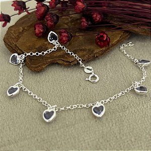 Pulseira Pingentes Corações Zircônias Prata 925 - 18cm - PPR323