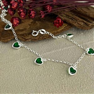 Pulseira Pingentes Corações Zircônias Prata 925 - 18cm - PPR323