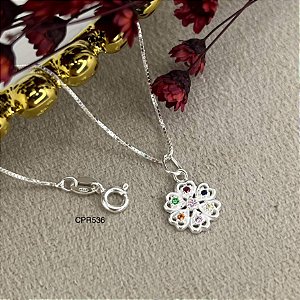 Gargantilha com Pingente Flor Zircônias Colorida Prata 925 - v12 - 45cm - CPR536