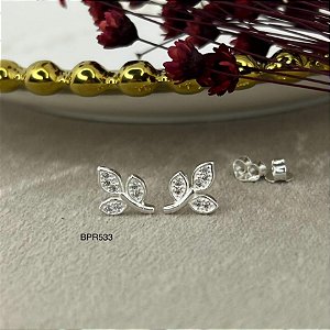 Brincos Folhas Cravejado com Pedras Zircônias Prata 925 - 12mm - BPR533
