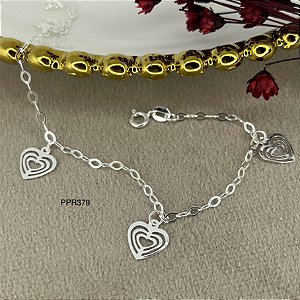 Pulseira com 4 Corações Vazado Prata 925 - 18cm - PPR379