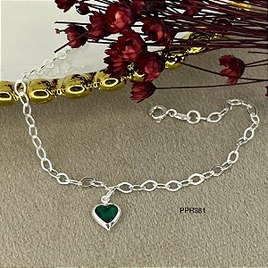 Pulseira com Pingente Coração Verde Prata 925 - 18cm - PPR381
