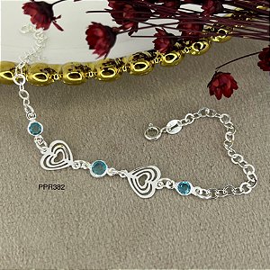 Pulseira Corações com Pedras Azul Prata 925 - 18cm - PPR382