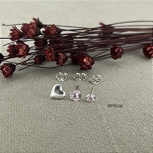 Trio de Brincos Coração com Ponto de Luz Pedra Rosa - BPR566