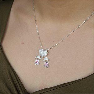 Gargantilha Prata 925  Coração Cravejado Mãe de Duas Meninas - v15 - 45cm - CPR578
