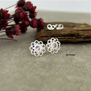 Brinco Flor Cravejado com Pedras Zircônias Prata 925 - BPR596