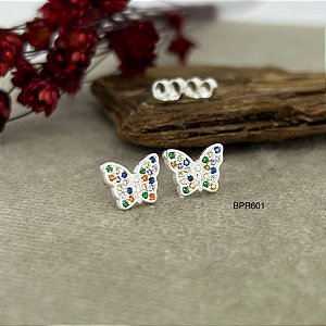 Brincos Borboleta Cravejado com Zircônias Colorida Prata 925 - BPR601