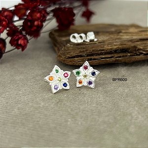 Brinco Flor Pedras Zircônias Colorida Prata 925 - BPR614