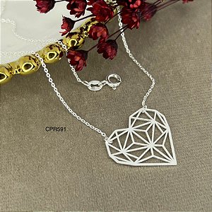 Gargantilha Coração Prata Origami - 45+5cm extensor - CPR591