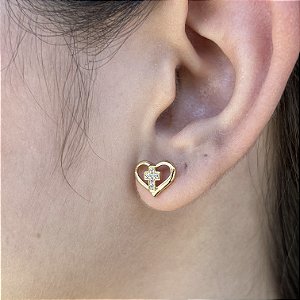 Brincos Coração Crucifixo Pedras Zircônias Semijoia 18k - MB784