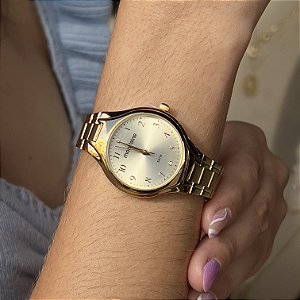 Relógio Feminino Clássico Cristais Dourado - 32528LPMVDE1