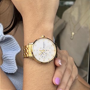 Relógio Feminino Multifunção Cristais Dourado - 32489LPMVDE1
