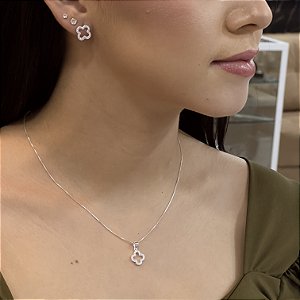 Conjunto Trevo Vazado Cravejado Prata 925- CJPR81