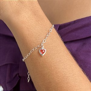 Pulseira com Coração Pedra Rosa Prata 925 - PPR476