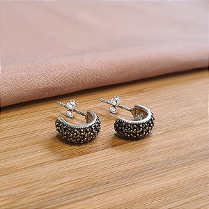 Brincos Meia Argolas Bali com Pedras Marcassita Prata 925 - BPR737