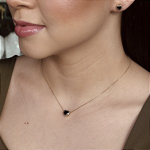Conjunto Coração Pedra Preta Semijoia18k - MCJ59