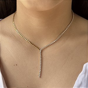 Gargantilha Gravata Cravejada com Zircônias Semijoias 18k - MC673